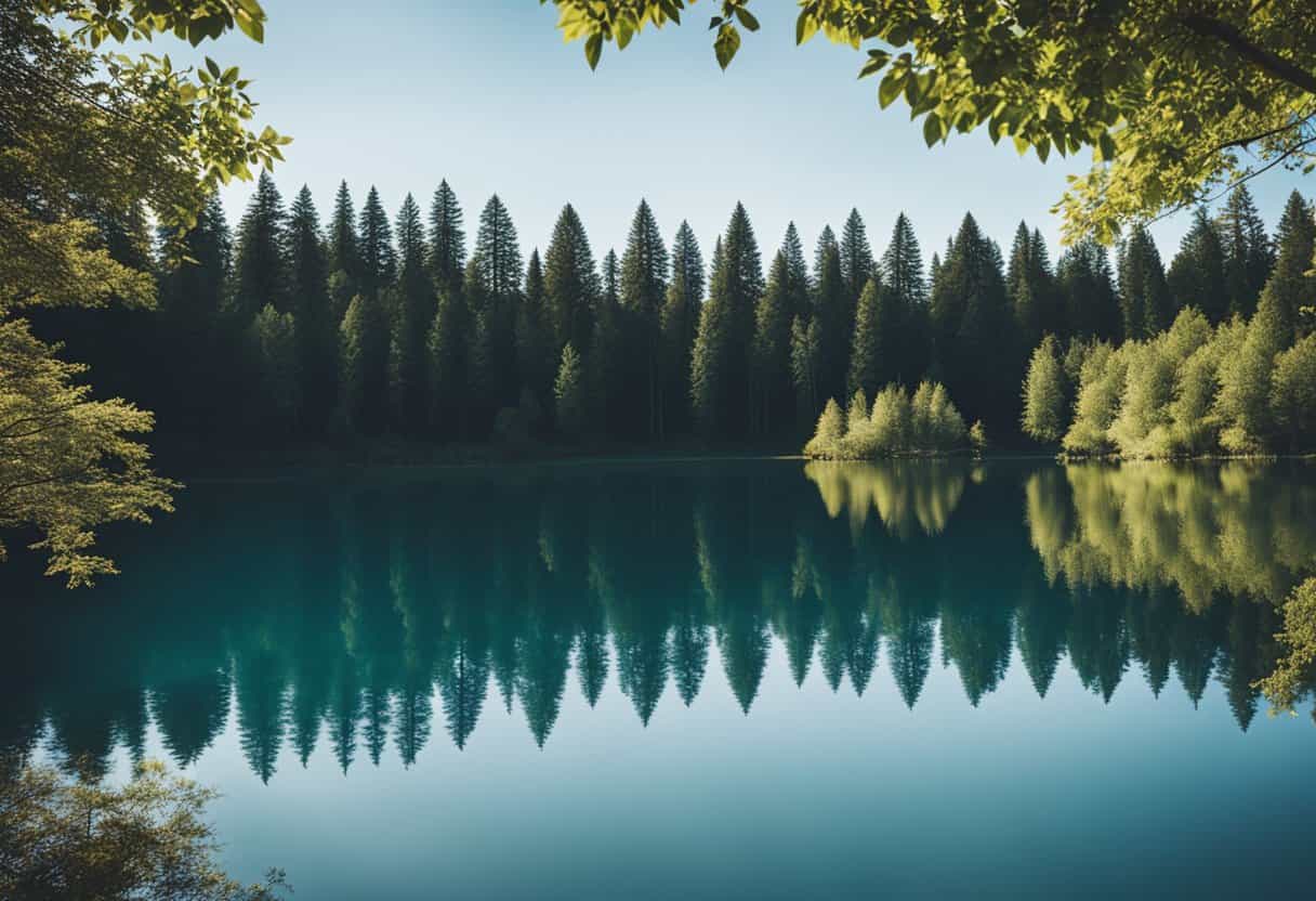 lake surrounded by evergreen forest.  Best family camping in washington.