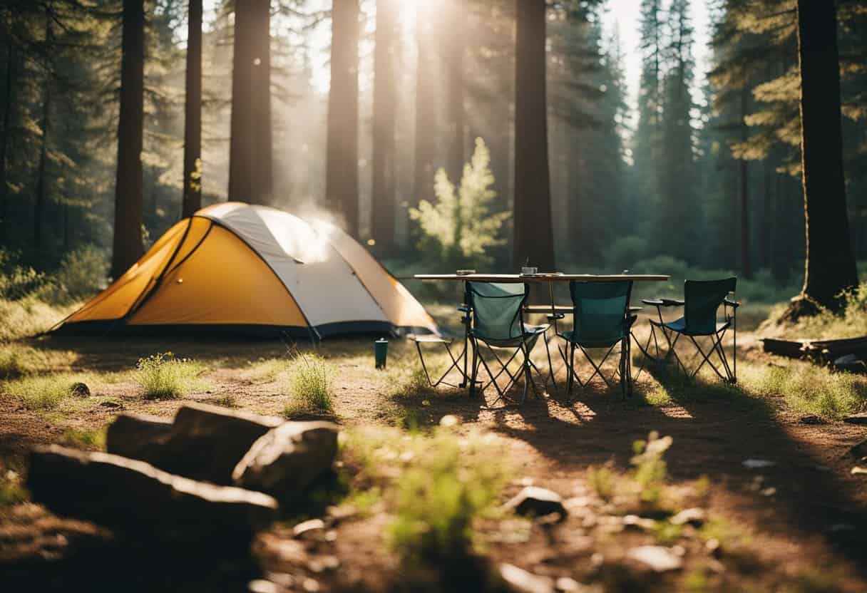 campsite setup with camp chairs surrounded by a forest.