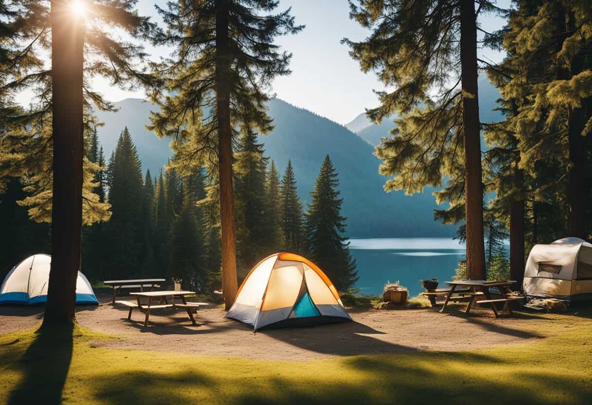 campsite with multiple tents and a tent trailer by a lake surrounded by pine forest.