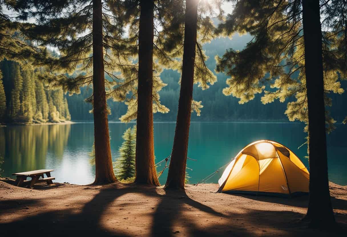 best family camping in washington.  A tent at a campsite near a lake surrounded by pine forest. family camping ideas.