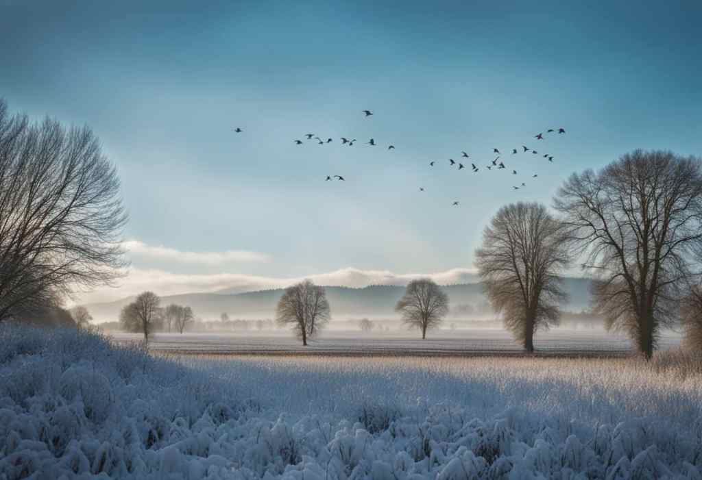 Bird flying over a frozen field. Winter Birding.