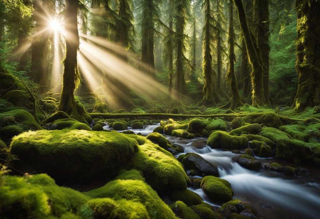 old-growth forest covered in moss with the sun shining through. Hoh rainforest campground.