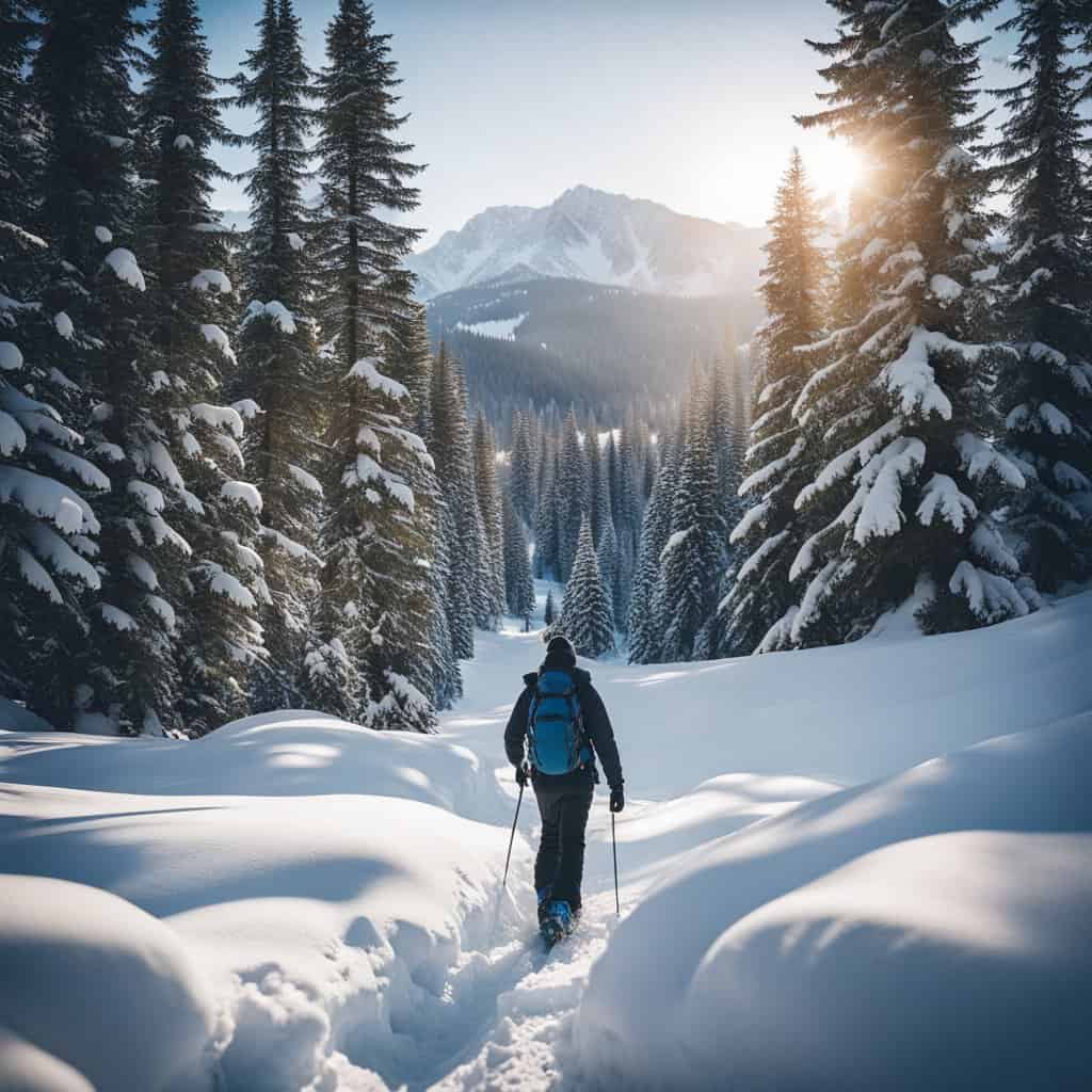 beginners guide to snowshoeing. Snowshoeing on a mountain trail.