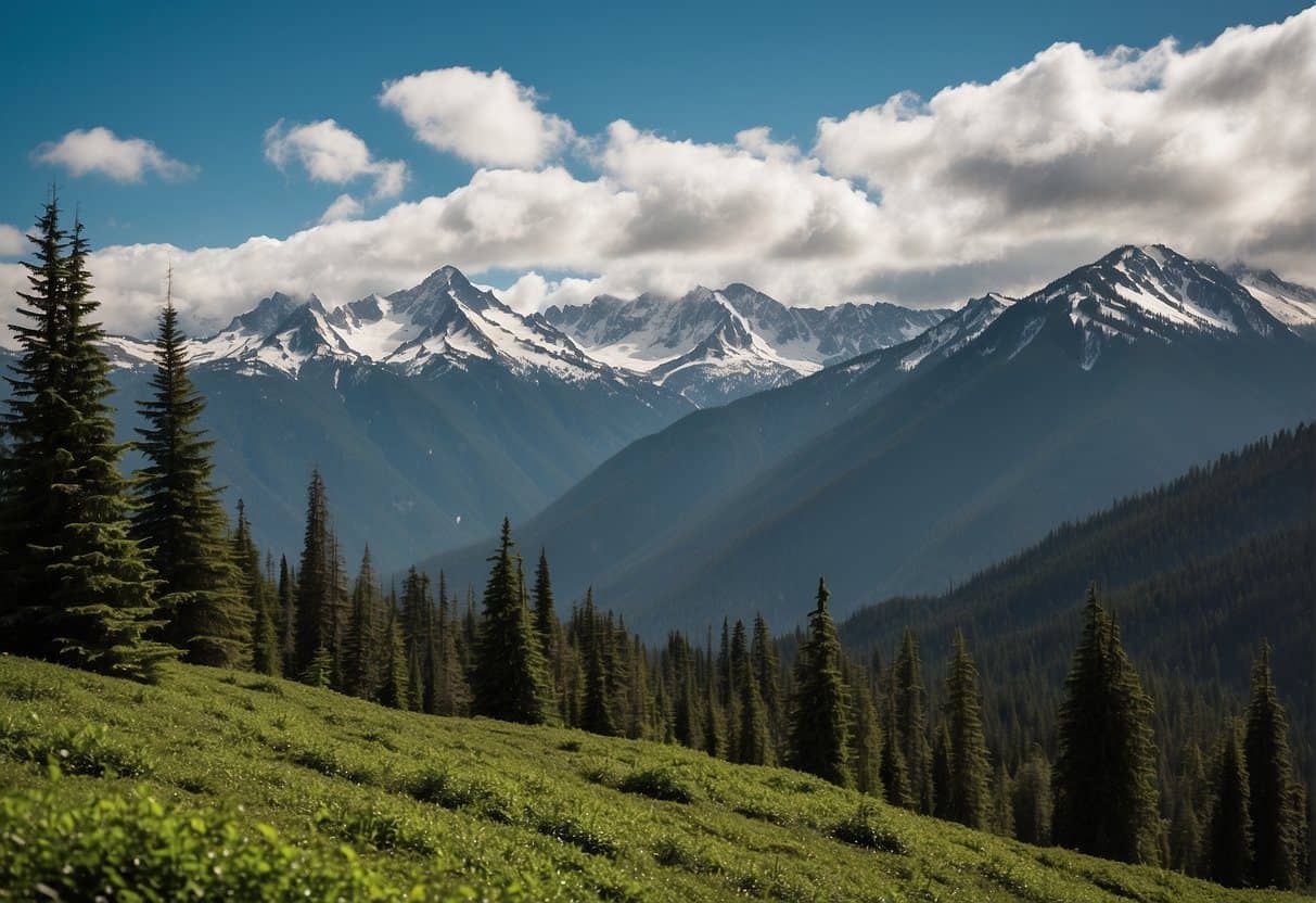 green grass covered hill sides with mountain range in the distance.