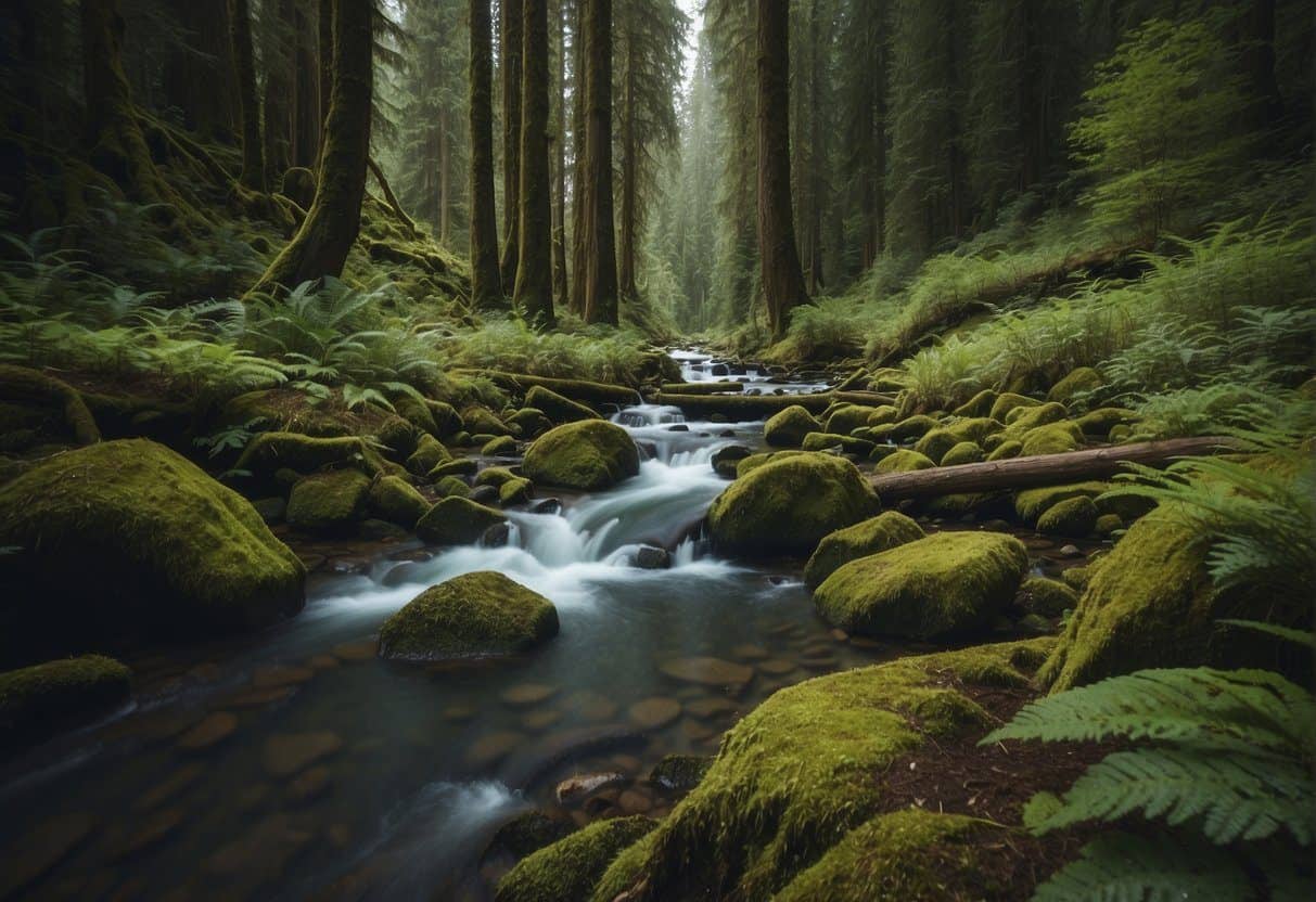 stream running through old growth forest.
