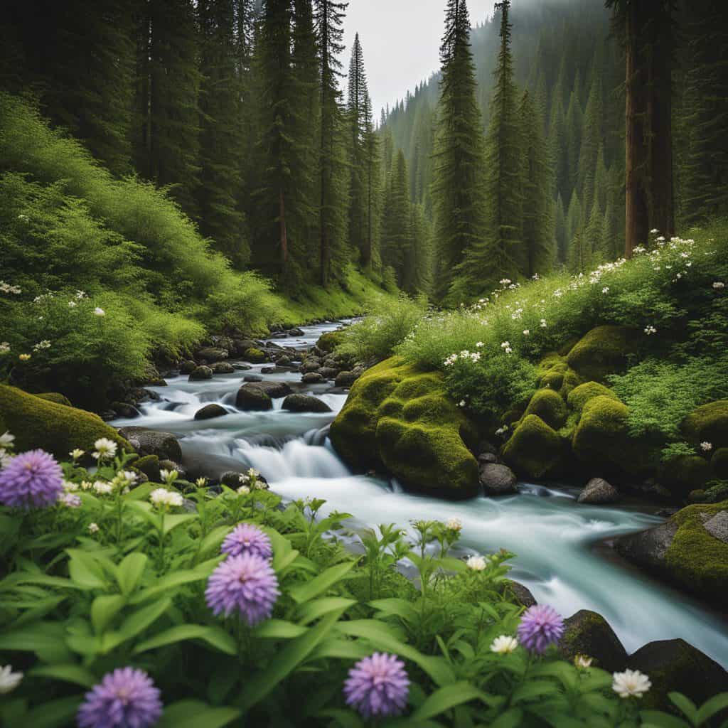 mountain stream running through fern covered hillsides.