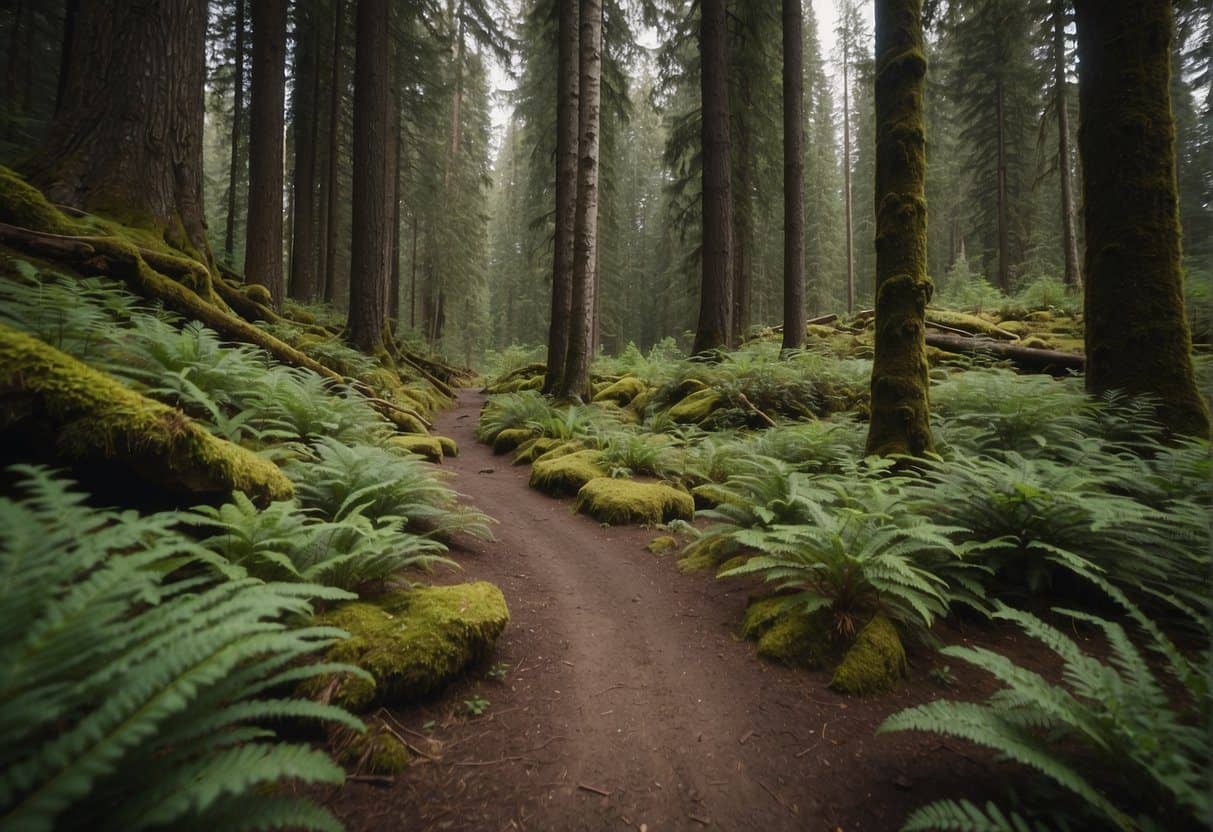 a winding hiking trail through a forest covered in ferns.