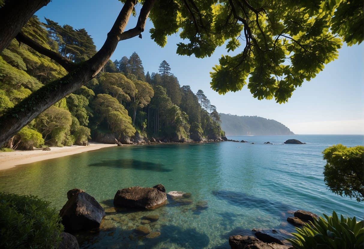 Lush green forests with tall trees and a variety of plant life, bordered by the cool waters of the Pacific Ocean