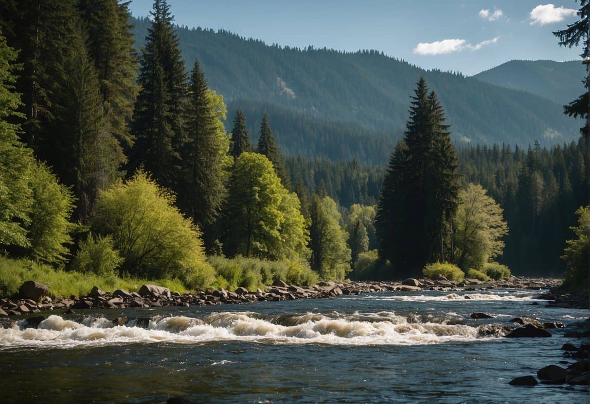 Lush green trees tower over a flowing river, surrounded by diverse wildlife. A bald eagle soars overhead, while salmon swim upstream. The forest exudes cultural and economic importance in the Pacific Northwest