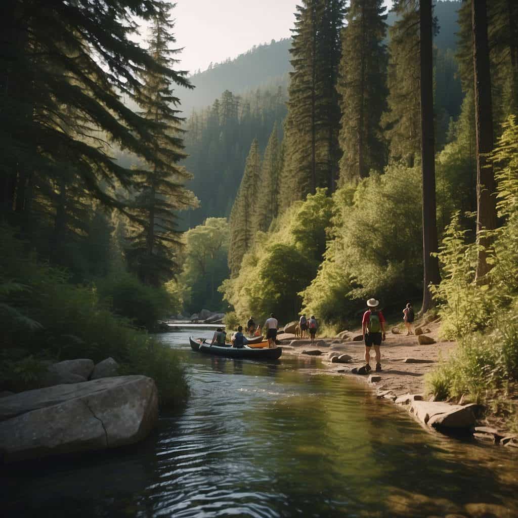 Hikers trek through lush forests, while kayakers paddle along serene lakes. Families gather around campfires, and cyclists navigate scenic trails