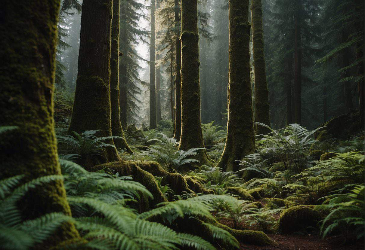 Lush green forest with towering trees, diverse wildlife, and a pristine coastline in the Pacific Northwest