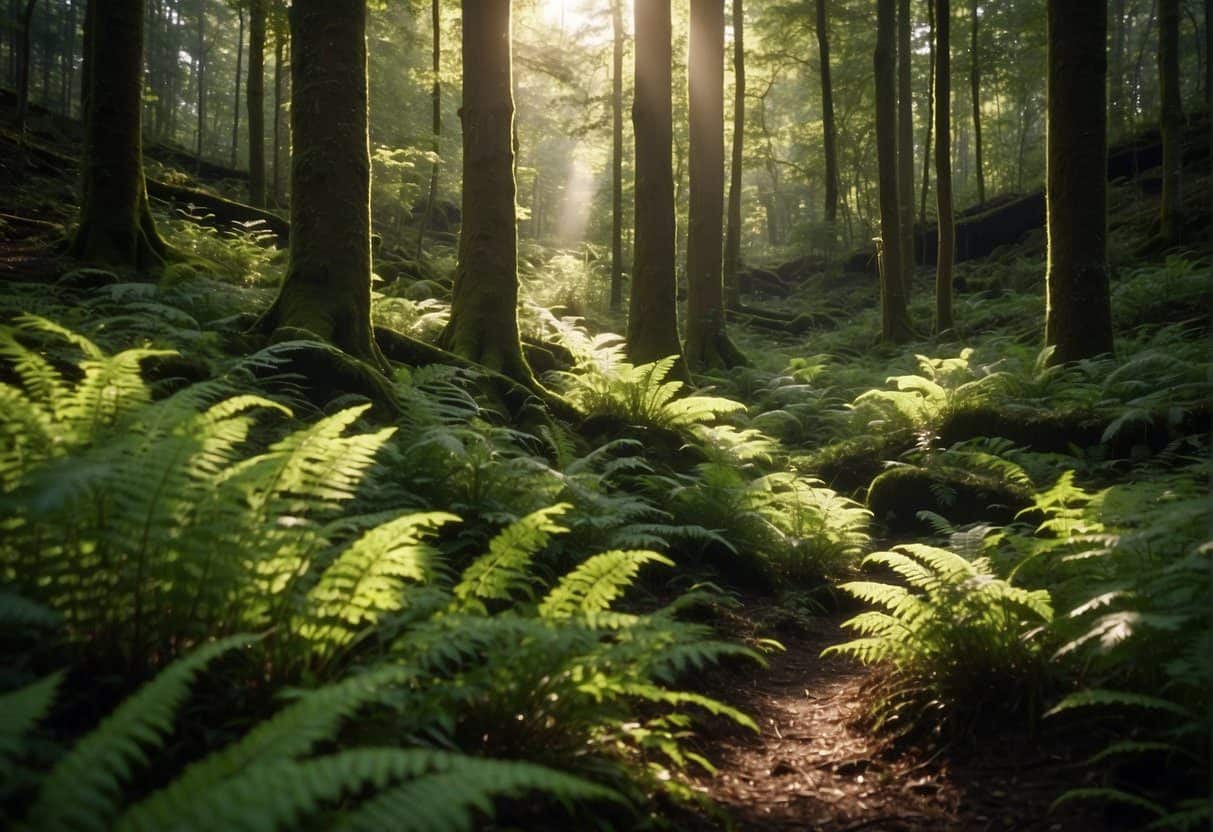 Lush green trees tower over a forest floor covered in ferns and moss. Sunlight filters through the dense canopy, casting dappled shadows on the forest floor. The air is cool and moist, with the sound of flowing water in the distance