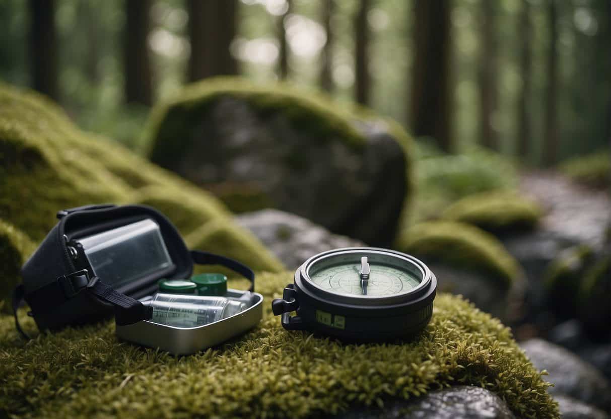 A map and compass lay on a moss-covered rock. A backpack is open, revealing a water bottle and snacks. Tall trees tower overhead