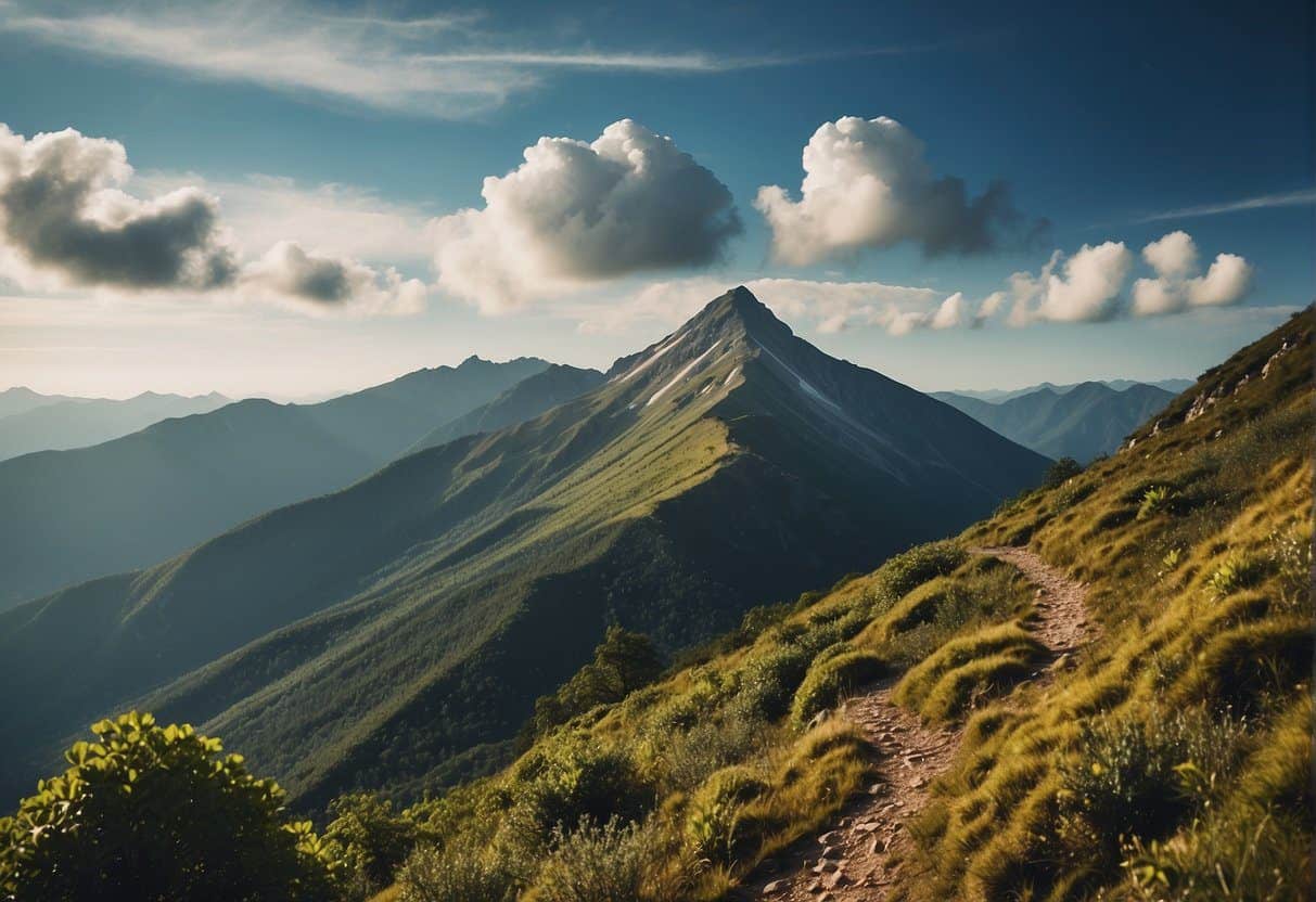 A rugged mountain peak rises above lush forests, with a winding trail leading towards the summit. The vibrant colors of the landscape and the sense of adventure are palpable