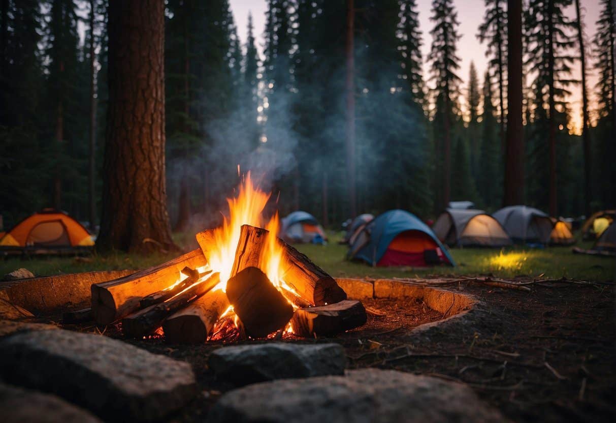 A campfire burns brightly in the center of a clearing, surrounded by tents and backpacks. Tall trees loom overhead, casting long shadows as the sun sets behind the mountains