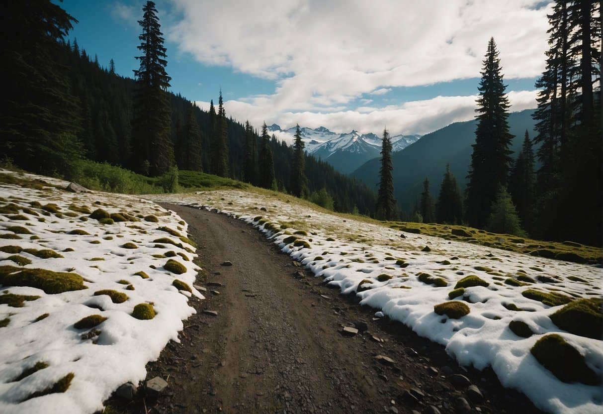Lush green forest trail winds through Olympic National Park, with towering trees and glimpses of snow-capped mountains in the distance