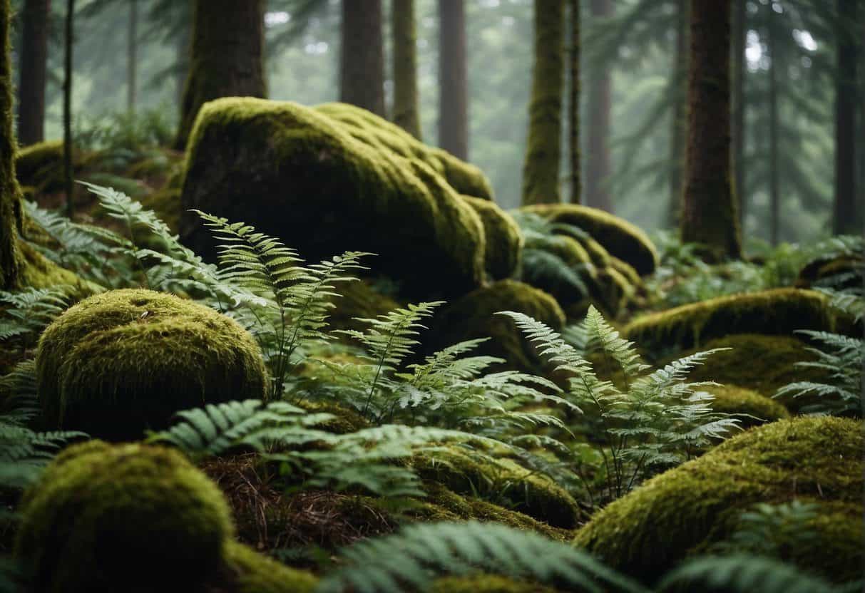 Lush forest with towering evergreens, ferns, and moss-covered rocks. Wildlife includes deer, elk, and various bird species