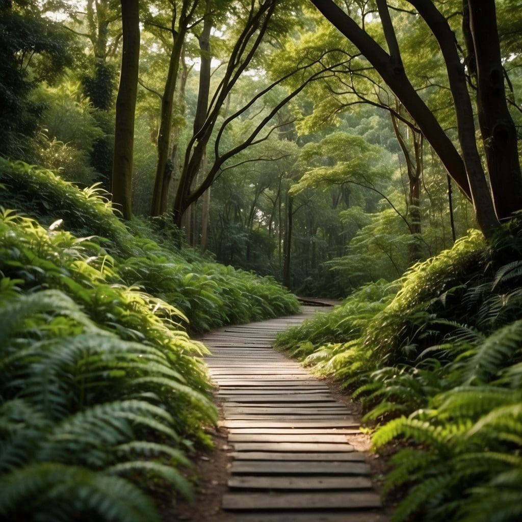 Lush green forest path with wide, smooth trails. Signage and facilities are wheelchair accessible. Scenic overlooks with easy access for all visitors