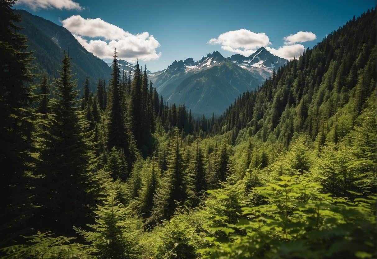 Lush green forest with towering mountains in the background, winding trails leading through the rugged terrain of North Cascades National Park
