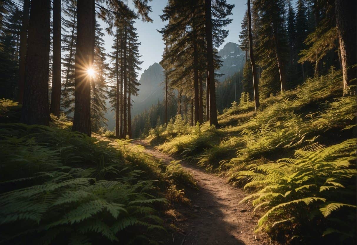 Sunlight filters through dense forest, illuminating a winding trail that leads to the rugged peaks of North Cascades National Park