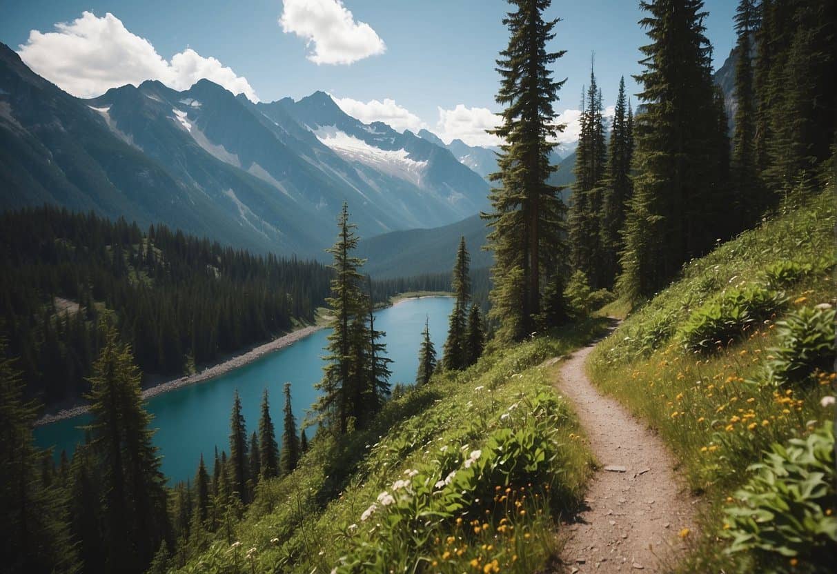 A mountain trail winds through lush forests, leading to a breathtaking vista of snow-capped peaks and crystal-clear alpine lakes in North Cascades National Park