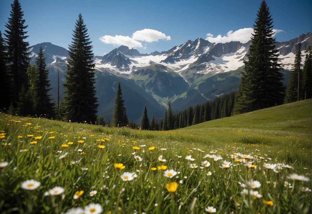 Lush green meadows dotted with colorful wildflowers, framed by towering evergreen trees and snow-capped mountains in the distance