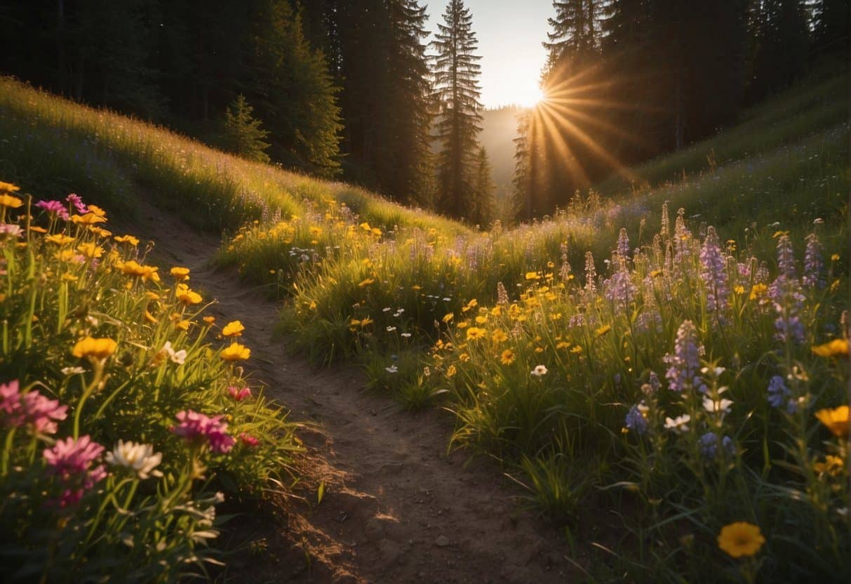 Vibrant wildflowers dot the lush PNW landscape, framing a winding trail leading into the distance. The sun casts a warm glow, illuminating the colorful blooms and creating a picturesque scene. A perfect example what to expect on Pacific Northwest Wildflower hikes.