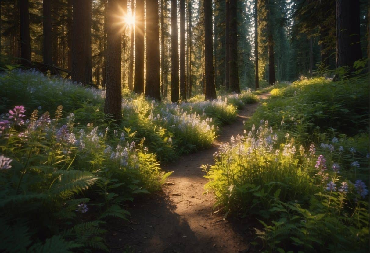 A lush PNW forest trail winds through vibrant wildflowers in full bloom, with sunlight streaming through the canopy above
