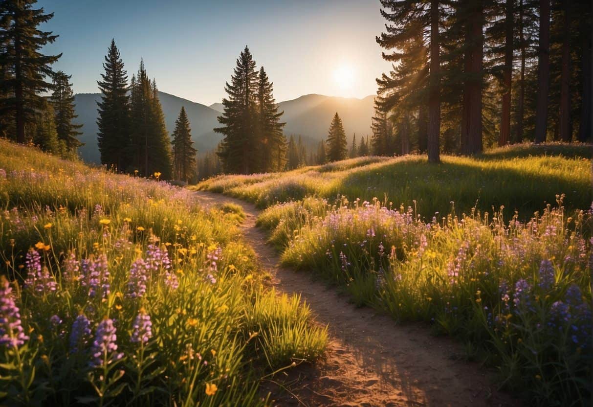 A winding trail cuts through a vibrant meadow of wildflowers, with the sun casting a warm glow on the blossoms. Surrounding evergreen trees provide a lush backdrop to the colorful display