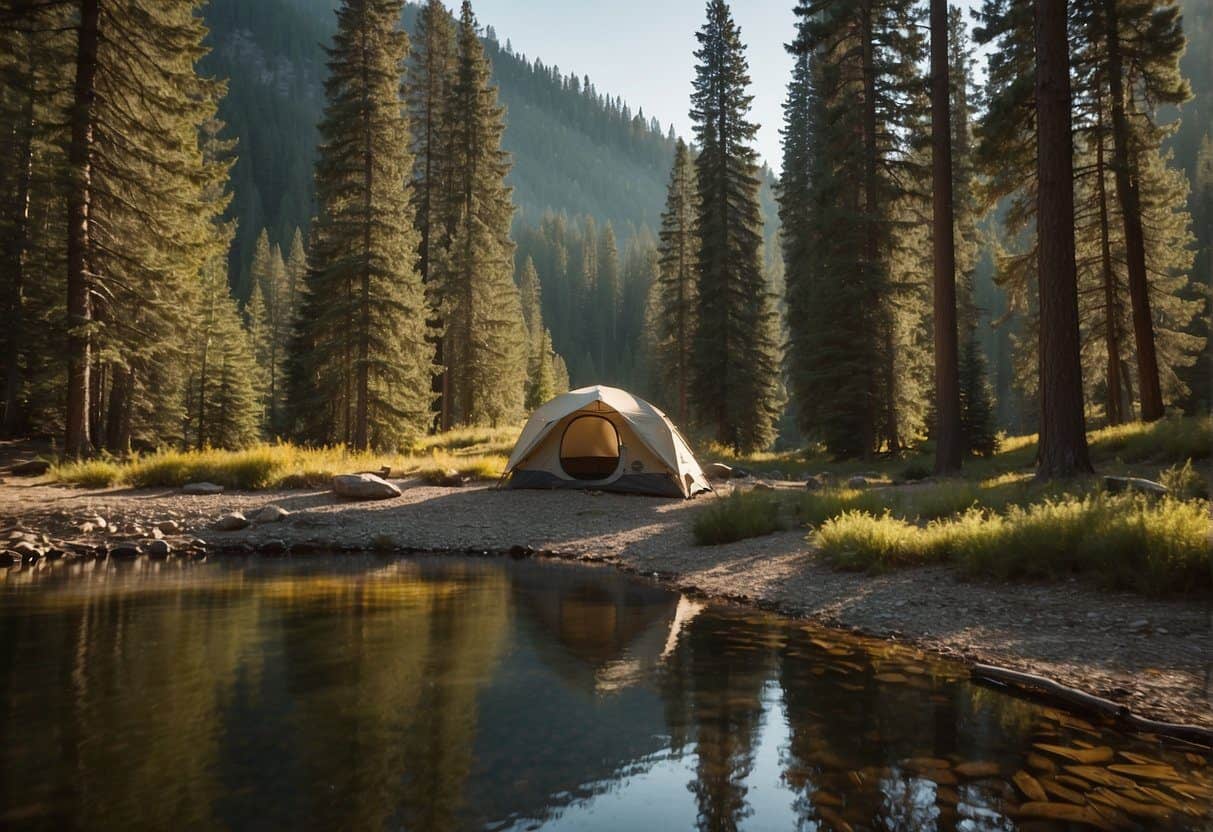 A tent pitched in a clearing surrounded by tall pine trees, a crackling campfire, and a serene river flowing nearby in Wenatchee National Forest