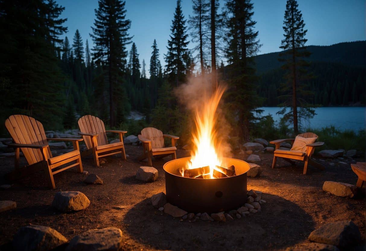 A campfire crackles under a starry sky in Wenatchee National Forest. Tents are pitched among towering trees, and a winding river offers a peaceful backdrop for outdoor activities
