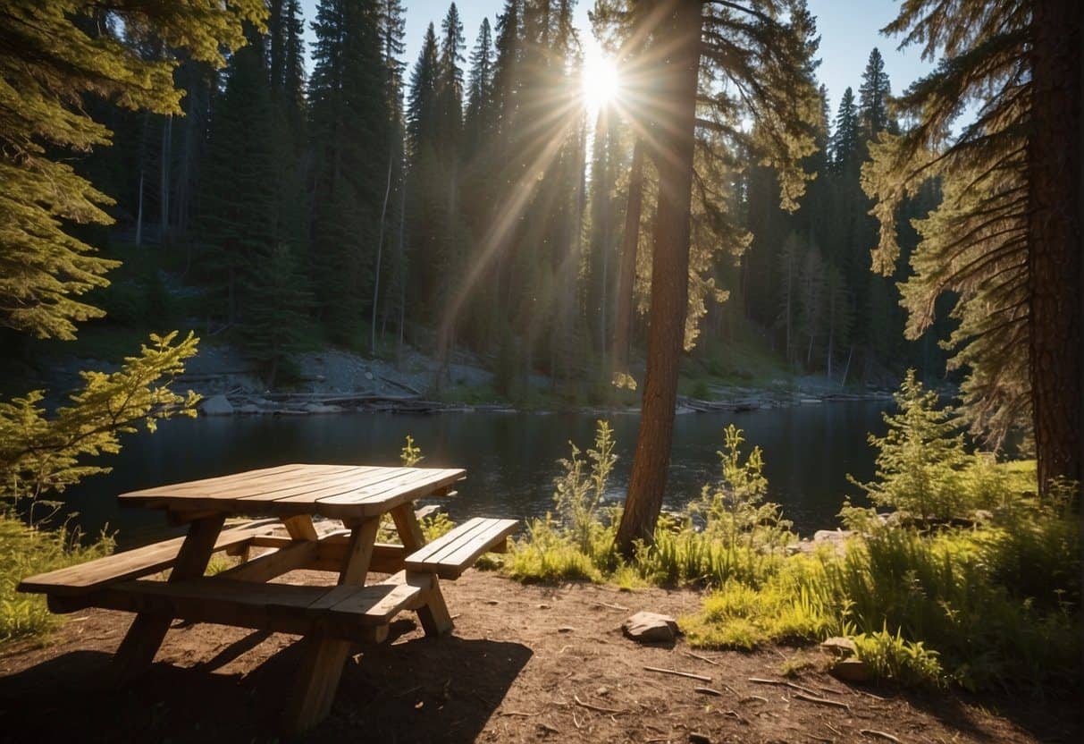 Sunlight filters through dense forest, illuminating a tranquil campsite by a winding river. Wenatchee National Forest camping at its best!