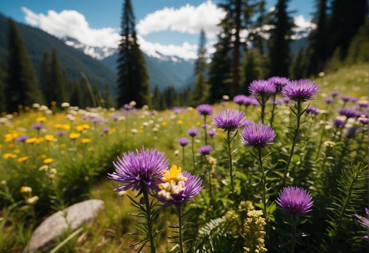 Vibrant wildflowers bloom in Snoqualmie Pass, surrounded by towering evergreen trees and snow-capped peaks. The air is filled with the sweet scent of nature in full bloom