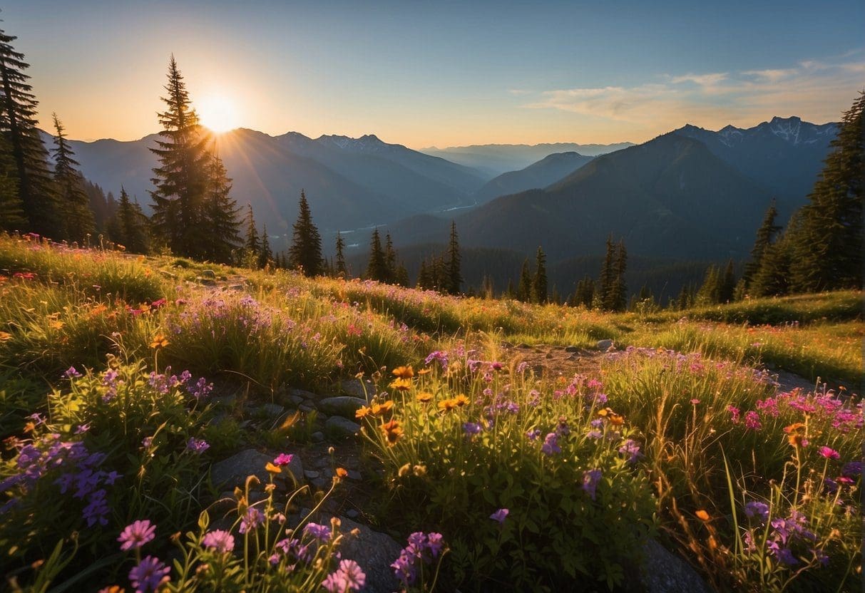 Wildflowers cover the rolling hills of Snoqualmie Pass, creating a vibrant carpet of color. The sun casts a warm glow over the landscape, highlighting the beauty of the blooming flowers