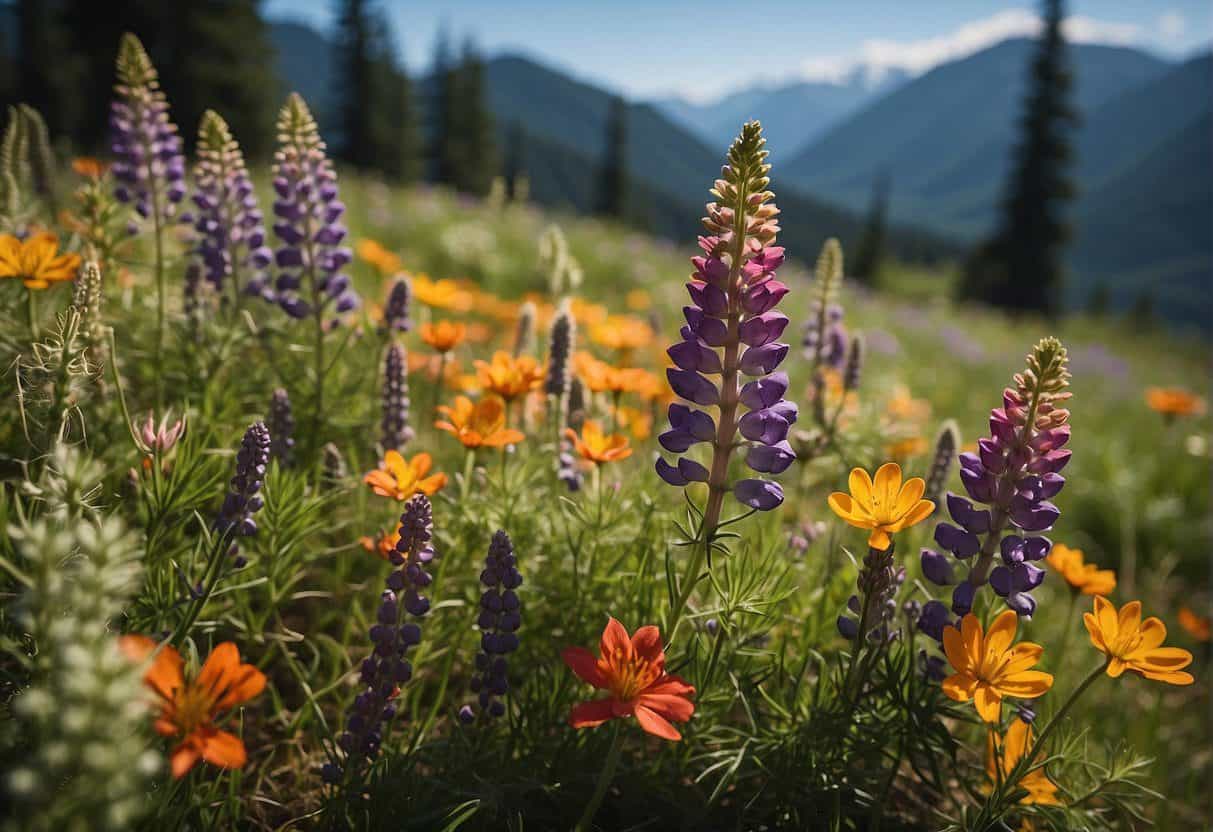 A colorful array of wildflowers blankets the meadows of Snoqualmie Pass, with vibrant species like lupine, Indian paintbrush, and avalanche lilies dotting the landscape