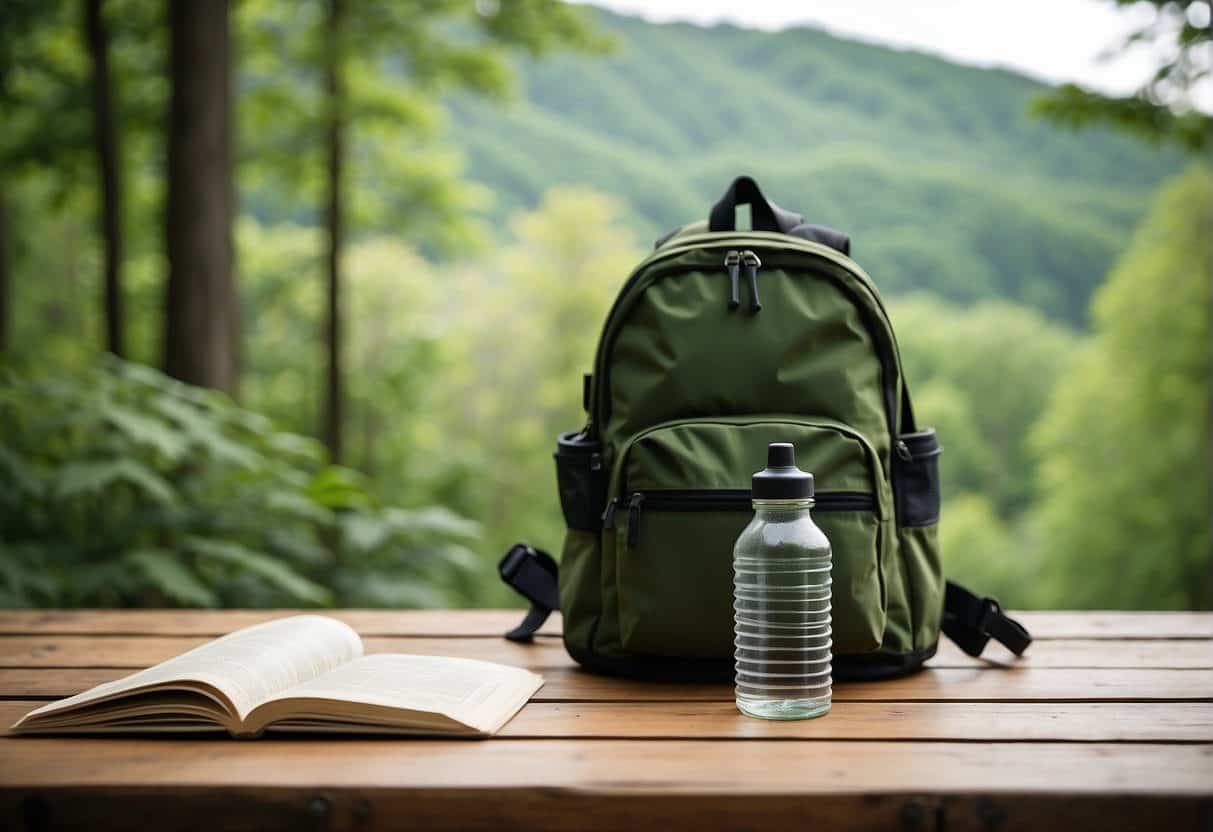 Hiking trail map and guidebook open on a wooden picnic table with lush green forest in the background. A backpack and water bottle sit nearby