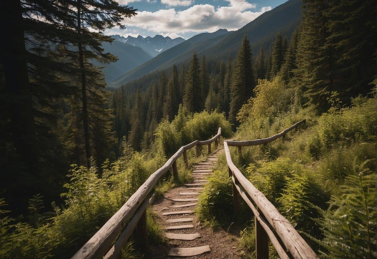 The trail winds through lush forests, crossing gentle streams and offering stunning views of the surrounding mountains. Signage clearly marks safety regulations