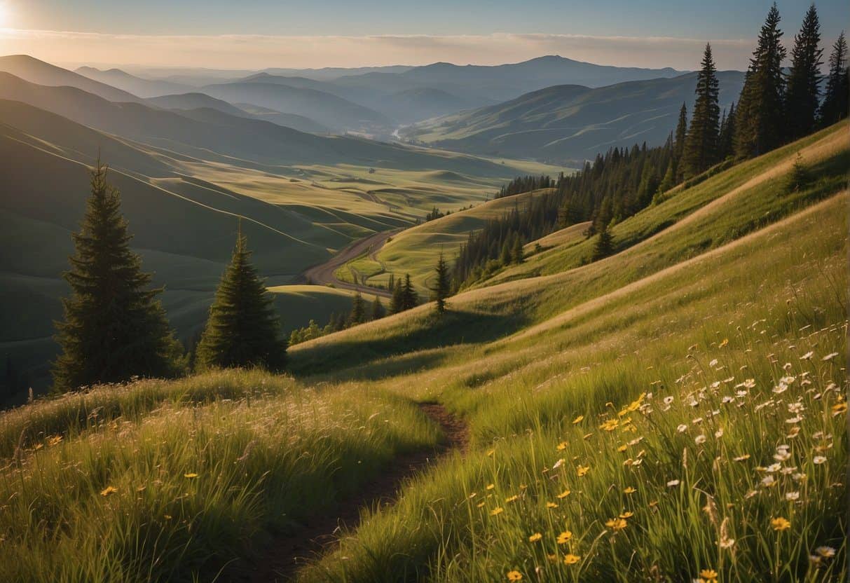 The Palouse to Cascades State Park Trail winds through lush forests and open meadows, with towering mountains in the distance. The trail is dotted with wildflowers and crossed by babbling streams, offering a serene and picturesque landscape for hikers to enjoy