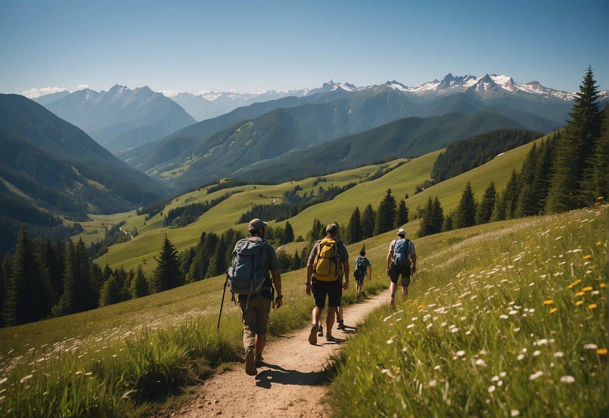 Hikers and bikers traverse a winding trail through lush forests and open meadows, with distant mountains and a clear blue sky in the background