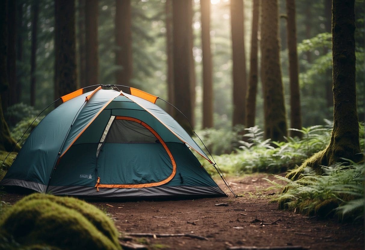 A tent pitched in a lush forest clearing, surrounded by towering trees and a babbling stream. Hiking gear and a campfire suggest outdoor adventure