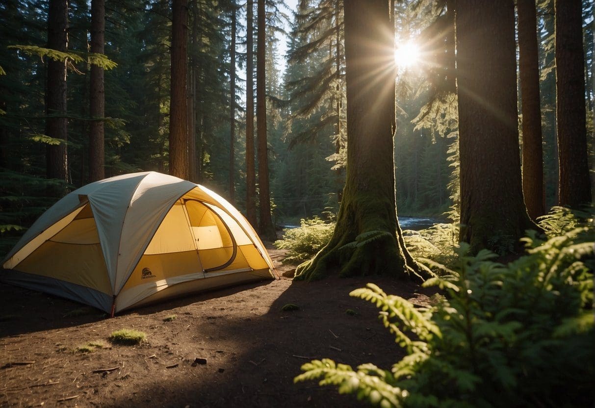 Sunlight filters through dense trees onto a tranquil campsite in Olympic National Forest, where tents are nestled among towering evergreens and a winding river flows nearby