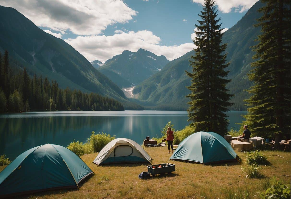 Campers setting up tents near a tranquil lake surrounded by lush greenery and towering mountains in Ross Lake National Recreation Area