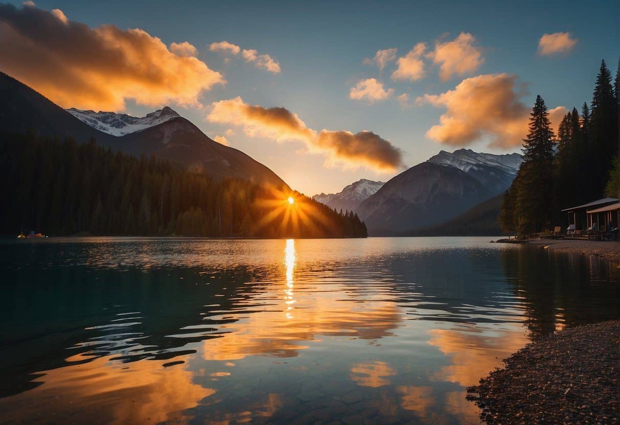 The sun sets over the tranquil waters of Ross Lake, with towering mountains in the background and a campsite nestled among the trees