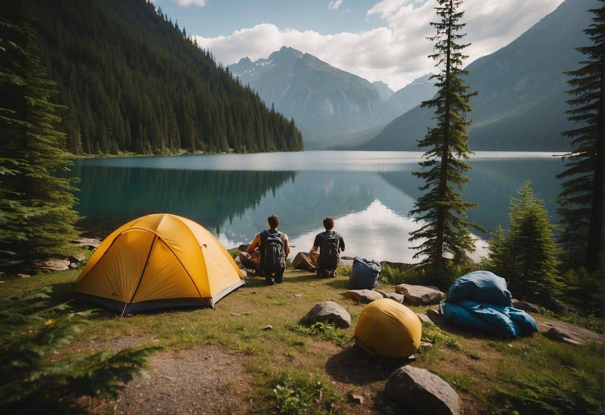 Campers setting up tents near a serene lake, surrounded by lush greenery and towering mountains in the distance at Ross Lake National Recreation Area