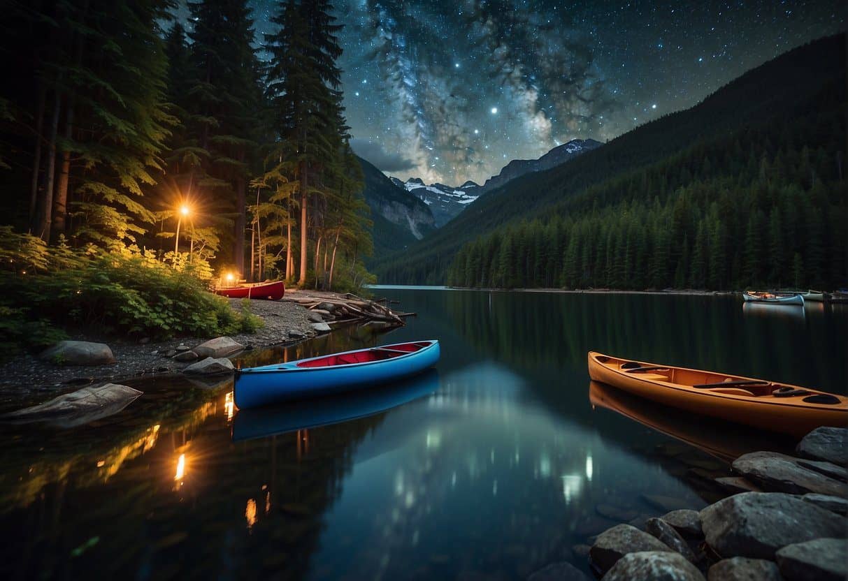 Hiking trails wind through lush forests, leading to serene campsites nestled along the shore of Ross Lake. Canoes and kayaks glide across the calm waters, while families gather around campfires under the starry night sky
