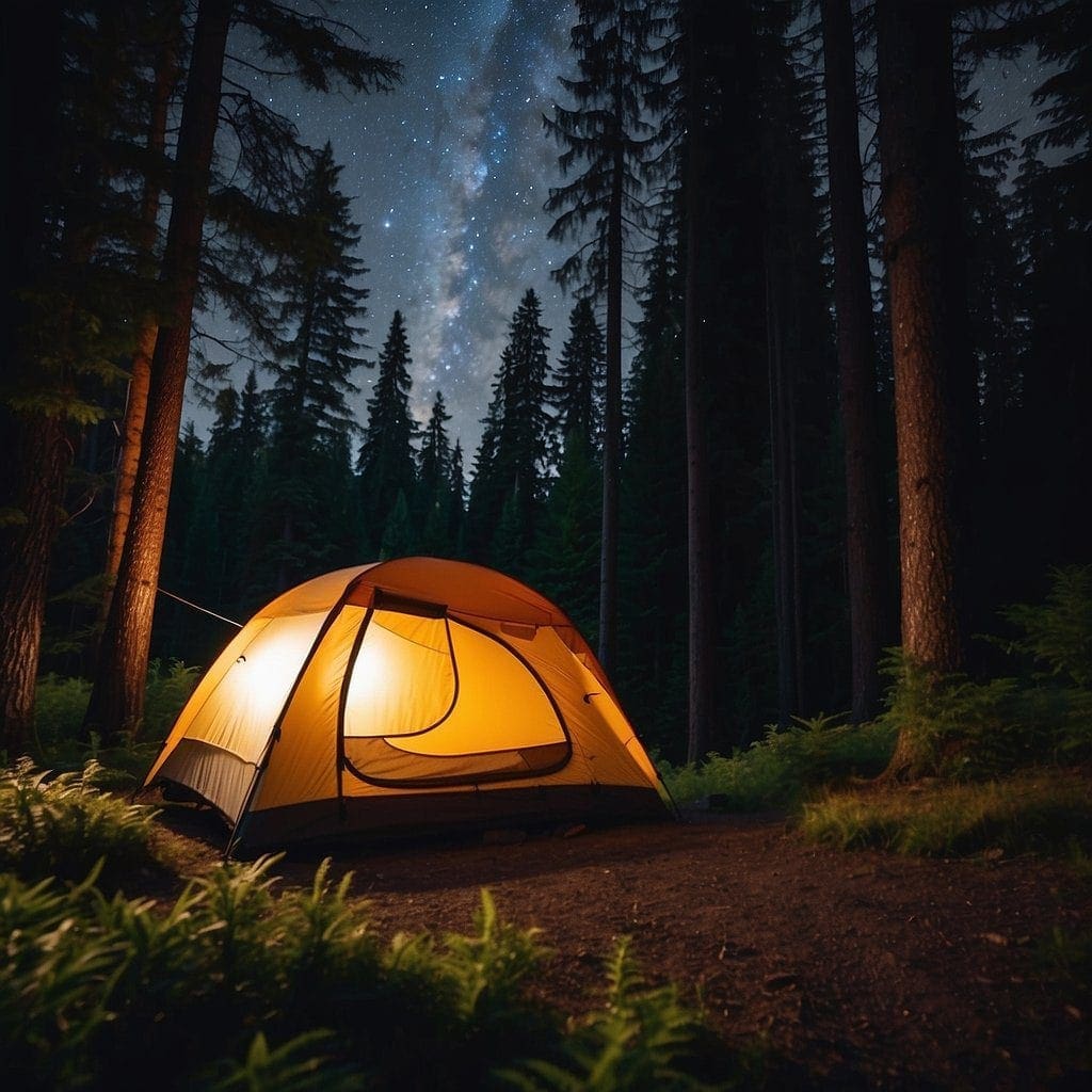 A tent pitched in a lush Washington state campground, surrounded by towering evergreen trees and a clear, starry night sky. A perfect addition when rv camping with kids and you need some extra room.
