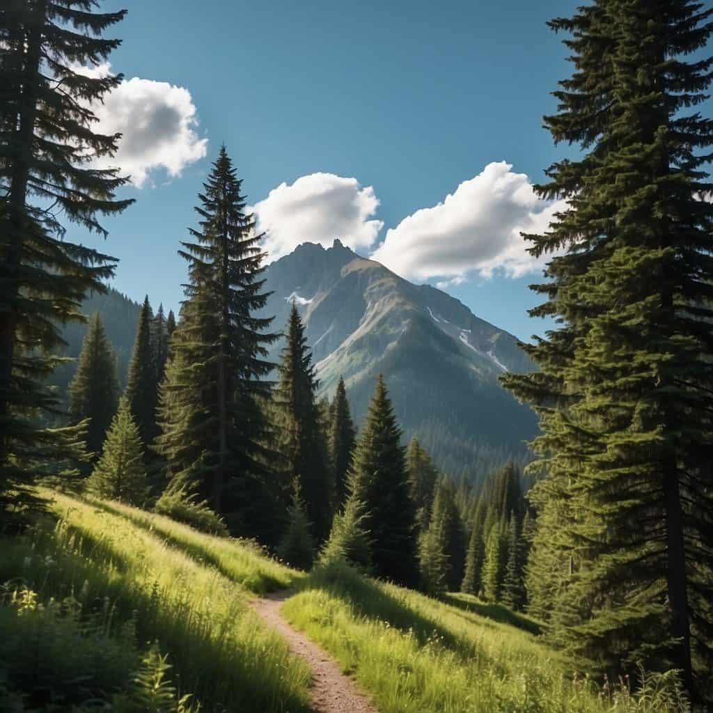 Lush green forest with towering evergreen trees, winding trail leading to a majestic mountain peak, clear blue skies with wispy clouds, and a serene lake nestled in the valley