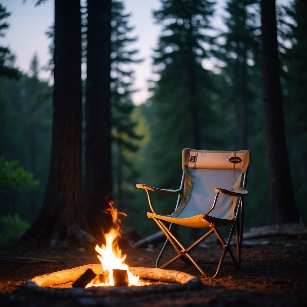 A sturdy camping chair sits next to a crackling campfire, surrounded by towering trees and a starry night sky