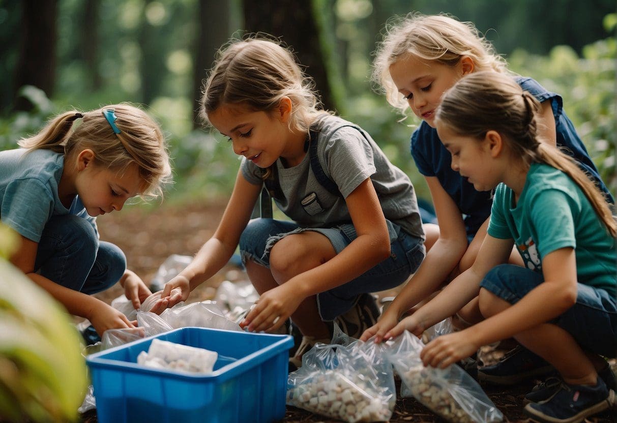 A group of children sorting through recyclables in a vibrant, outdoor setting with trees and wildlife in the Pacific Northwest