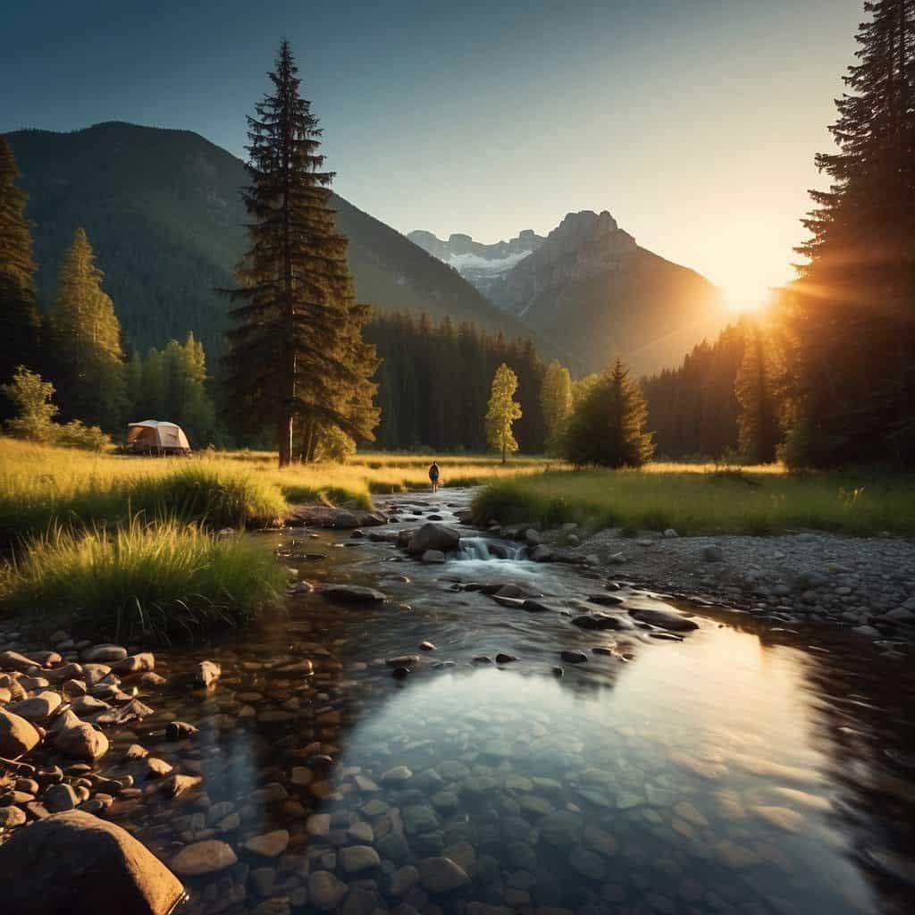 A clear stream flows through a lush forest, with a camping site in the background. The sun sets behind the mountains, casting a warm glow over the scene